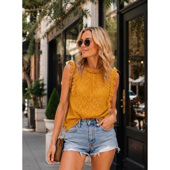 Maeve by Anthropologie Tops - Maeve‎ Anthropologie Tilly Yellow Cotton Eyelet Ruffle Sleeveless Blouse Size:4